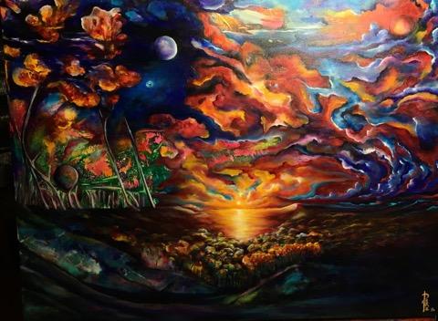 Pablo Peña painting of a blazing sunset over a dark lake, with two moons and flowering trees
